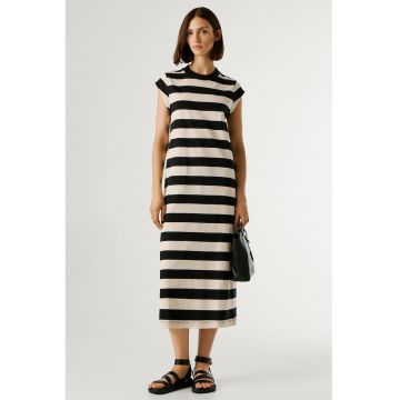 Rochie lunga din bumbac cu slit pe partea din spate si dungi Lila - Negru/Bej deschis