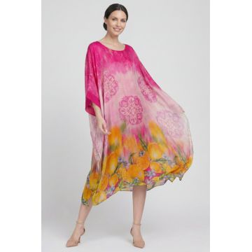 Rochie lunga din matase naturala cu croi amplu si maneci largi, print citric vibrant si degrade roz feminin