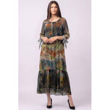 Rochie lunga din matase si vascoza, cu imprimeu pictural pe fond negru