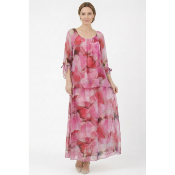 Rochie lunga din matase vaporoasa, croi lejer in doua straturi, imprimeu artistic fucsia