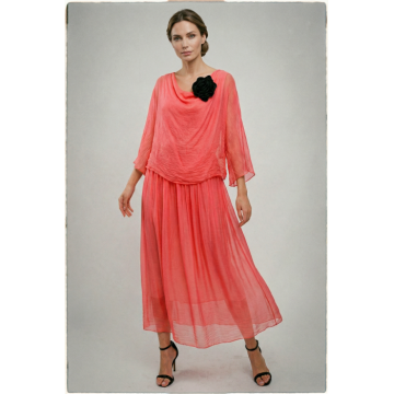 Rochie lunga eleganta vaporoasa din matase si vascoza, cu suprapunere, corai