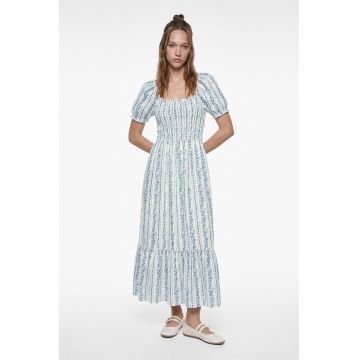 Rochie lunga evazata cu model floral - Albastru royal/Alb murdar