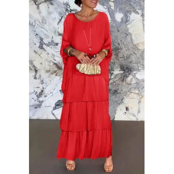 Rochie lunga suprapusa din matase si vascoza, cu trei volane mari si maneca cazuta, rosie