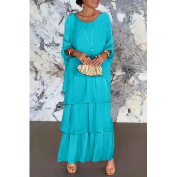 Rochie lunga suprapusa din matase si vascoza, cu trei volane mari si maneca cazuta, turcoaz