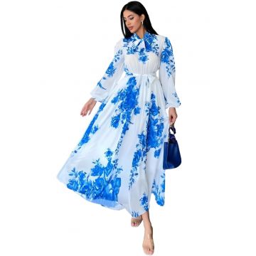 Rochie Maxi -  cu Curea si Guler Camasa - Alb - Poliester-Bumbac