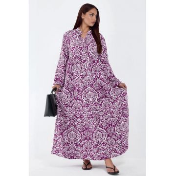 Rochie Maxi -  cu decolteu in V - maneci lungi - alb/mov