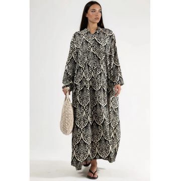 Rochie Maxi  cu decolteu in V - maneci lungi - neagra/crem - textil