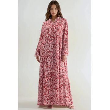 Rochie Maxi  cu decolteu in V - maneci lungi - rosu/alb