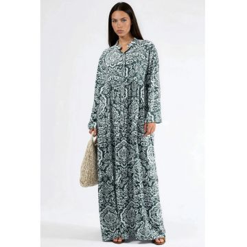 Rochie Maxi -  cu decolteu in V - maneci lungi - verde - textil