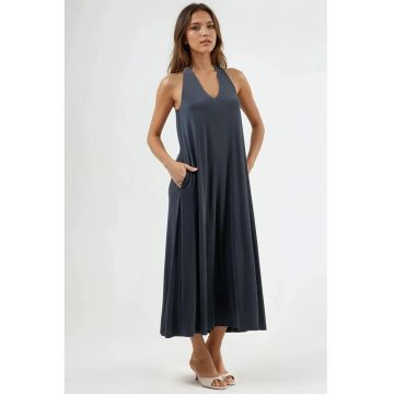Rochie Maxi dama -  decolteu in V - drapaj - gri inchis - modal/poliester