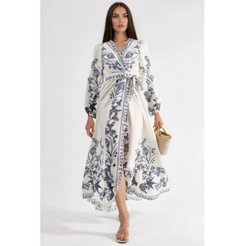 Rochie Maxi dama -  Florala - Alb/Bleumarin - Poliester/Lycra