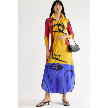 Rochie Maxi dama -  Imprimeu Abstract - Maneci Lungi - Multicolor - Poliester-Lycra