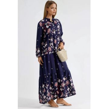 Rochie Maxi -  Decolteu in V - Albastru - Print digital