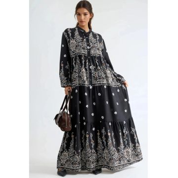 Rochie Maxi -  Decolteu in V - Croiala Confortabila - Multicolor - Textil