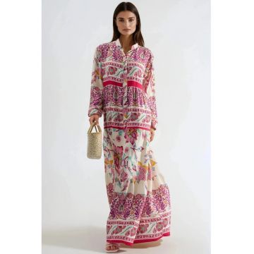 Rochie Maxi -  decolteu in V - imprimeu - roz - pentru femei - viscoza