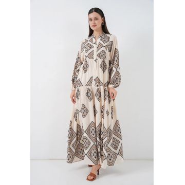 Rochie maxi -  decolteu in V - inchidere cu nasturi - bej - textil