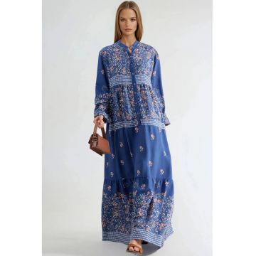 Rochie Maxi -  Decolteu in V - maneca lunga - albastru