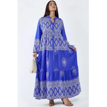 Rochie maxi -  decolteu in V - maneci lungi - alb/albastru