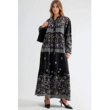 Rochie Maxi -  Decolteu in V - Maneci lungi - Multicolor