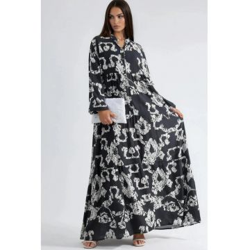 Rochie Maxi -  Decolteu in V - Maneci lungi - Negru/Alb