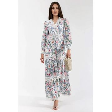 Rochie Maxi -  Decolteu in V - Multicolor - Poliester/Bumbac/Lycra