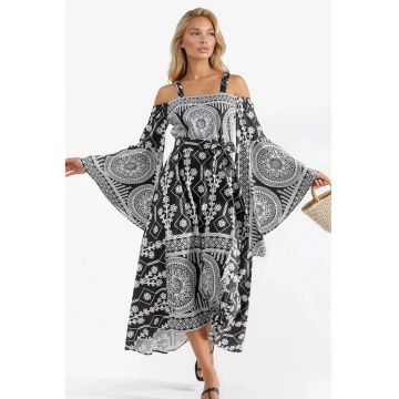 Rochie maxi -  decupaje geometrice - negru/alb - poliester-lycra