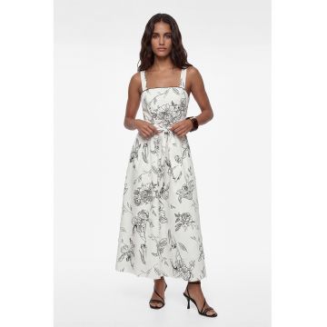 Rochie maxi evazata cu cordon in talie - Negru/Alb murdar