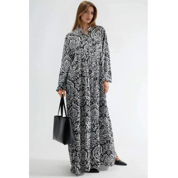 Rochie Maxi Femei  cu decolteu in V - maneci lungi - alb/negru