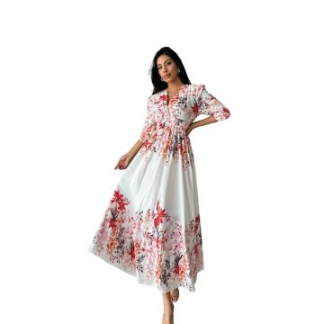 Rochie maxi -  floral - decolteu in V - alb - poliester/lycra