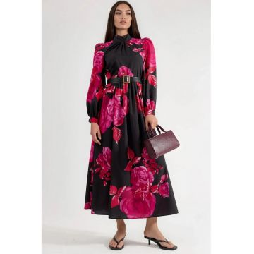 Rochie Maxi -  Florala - cu curea - Negru/Roz - Poliester/Lycra