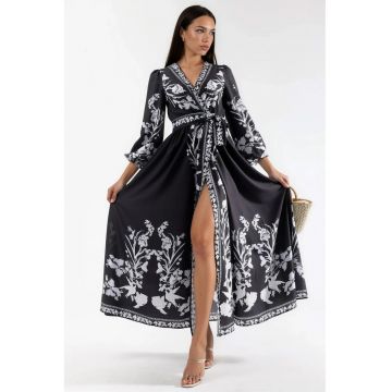 Rochie Maxi -  Florala - Decolteu in V - Negru/Alb - Poliester/Lycra