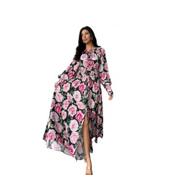 Rochie Maxi Florala MSN - maneci lungi - guler elegant - multicolor - poliester-lycra