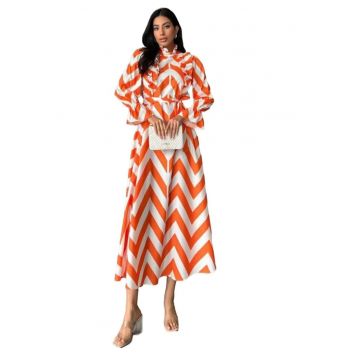 Rochie Maxi -  Geometrica - Volane - Alb/Portocaliu - Bumbac/Poliester