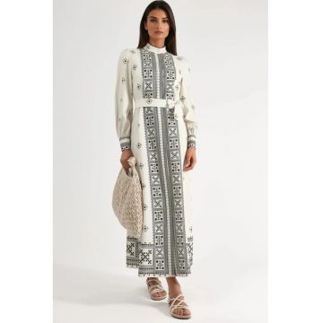 Rochie Maxi  guler mandarin - panouri geometrice - negru/ecru - textil