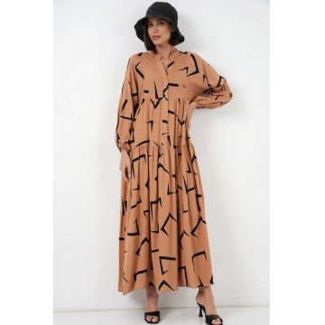Rochie maxi  imprimata - decolteu in V - bej natural - cu inchidere cu nasturi