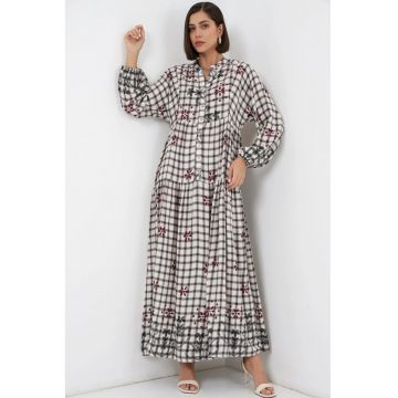 Rochie maxi  imprimata - decolteu in V - gri - inchidere cu nasturi