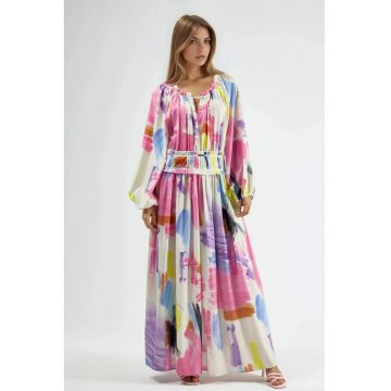 Rochie Maxi -  imprimeu abstract - roz - poliester/lycra