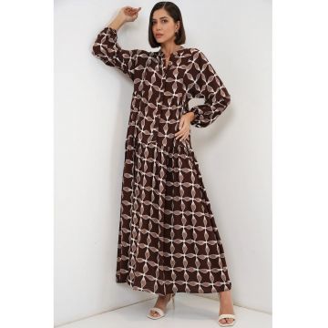 Rochie Maxi  imprimeu - decolteu in V - maro mocha