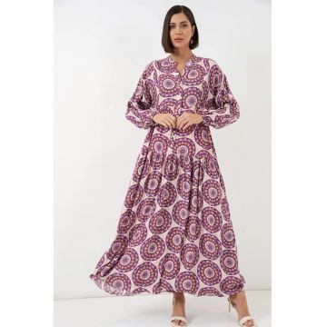 Rochie maxi -  imprimeu - decolteu in V - roz