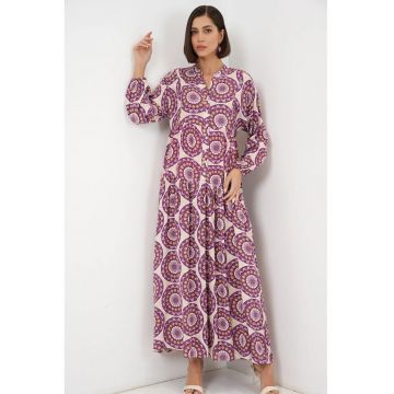 Rochie maxi -  imprimeu - decolteu in V - roz