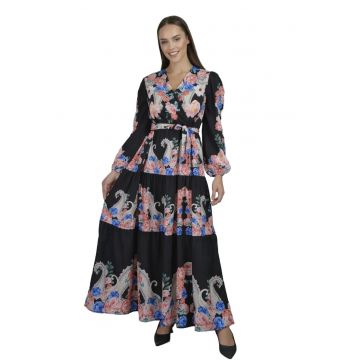 Rochie Maxi -  imprimeu floral - decolteu in V - negru