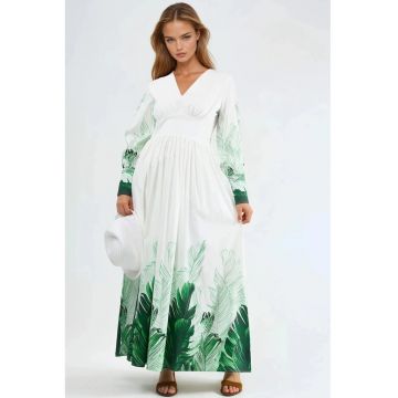 Rochie maxi  imprimeu floral tropical - alb