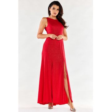 Rochie maxi pe bretele late din tricot stralucitor - - Rosu