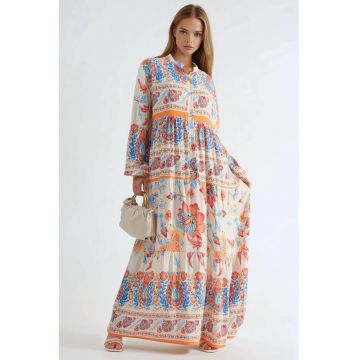 Rochie Maxi -  portocalie - viscoza - inchidere cu nasturi