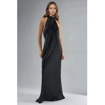 Rochie Maxi  Satin - Guler Halter - Negru - Femei
