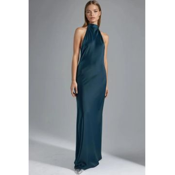 Rochie Maxi -  Satin - Guler Halter - Verde