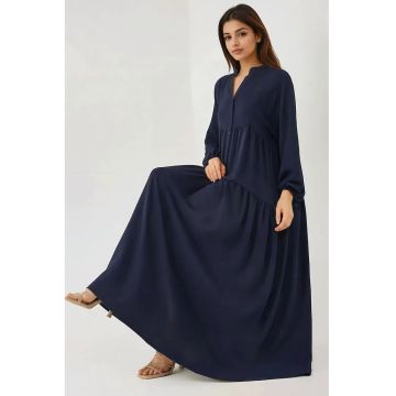 Rochie maxi -  texturata - decolteu in V - textil - Albastru - Albastru marin