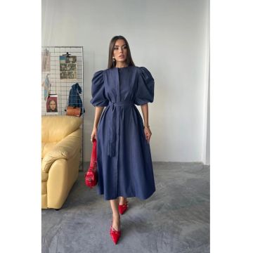 Rochie Midi A-Line  cu curea - guler rotund - albastru - bumbac - poliester - elastan - Albastru