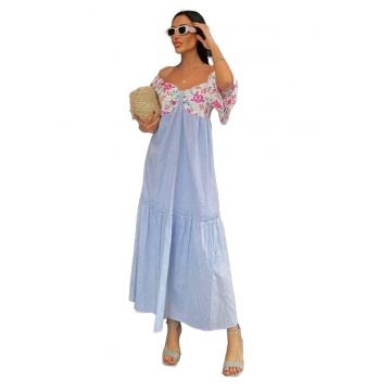 Rochie Midi A-Line  cu umeri goi - imprimeu floral - albastru - bumbac-poliester-elastan -