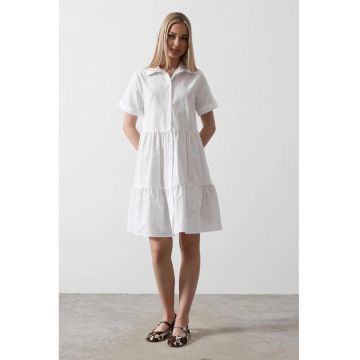 Rochie midi  alb - bumbac/poliester - cu guler si nasturi -